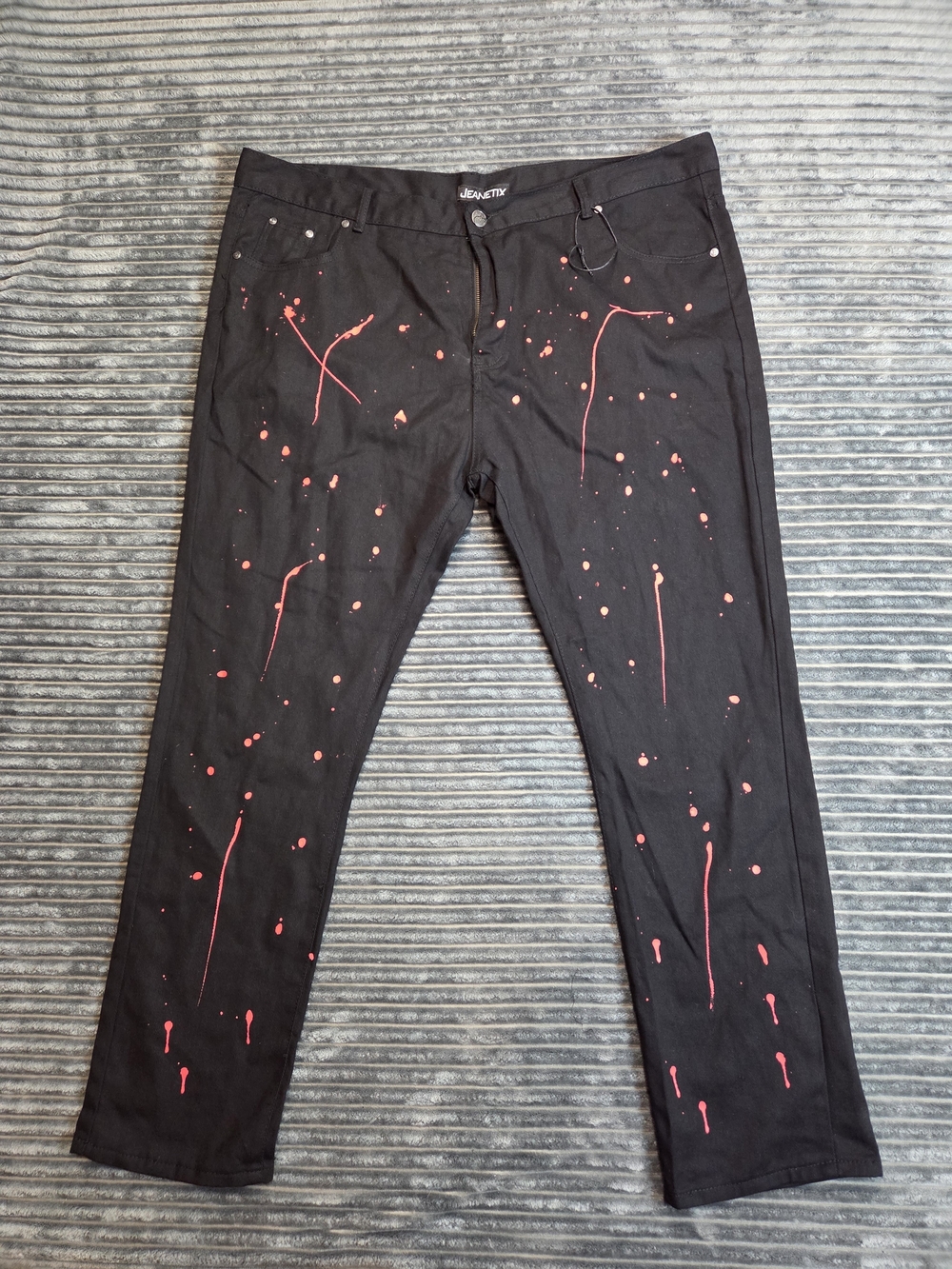 Men's Slim Straight Black Jeans with Red Paint-Splatter